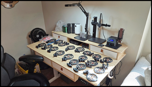 Ridge Runner Gear assembly table with multiple products laid out for hand assembly